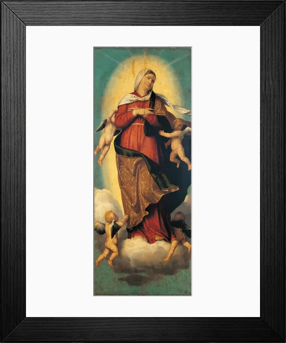 Framed Print : The Assumption of the Virgin with St Jerome, St Mark (probably), St Catherine of Alexandria and St Clare (Polyptich), by Alessandro Bonvicino known as Moretto da Brescia