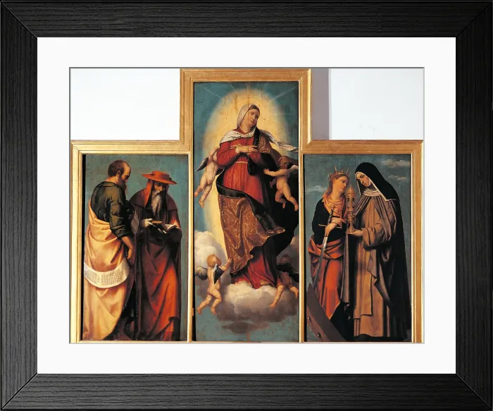 Framed Print : The Assumption of the Virgin with St Jerome, St Mark (probably), St Catherine of Alexandria and St Clare (Polyptich), by Alessandro Bonvicino known as Moretto da Brescia