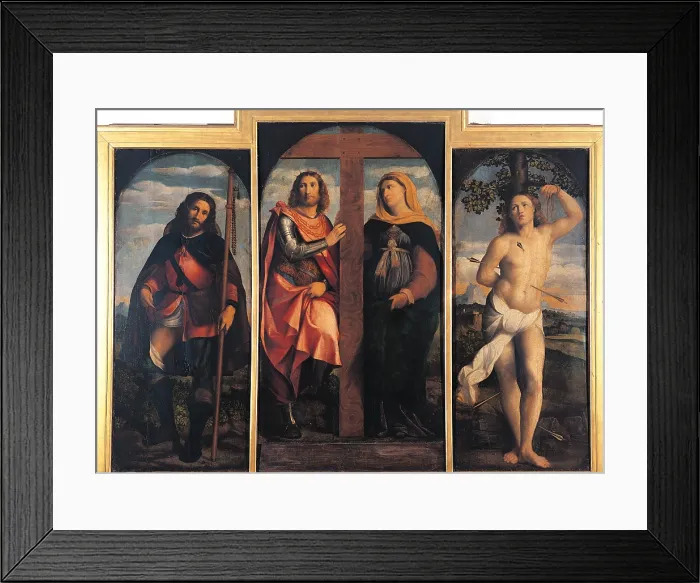 Framed Print : Sts Helen, Constantine, Roch, and Sebastian (Triptych), by Jacopo Negretti known as Palma the Elder, 1520 - 1528, 16th Century, oil on panel, cm 163 x 84 - Italy, Lombardy, Milan