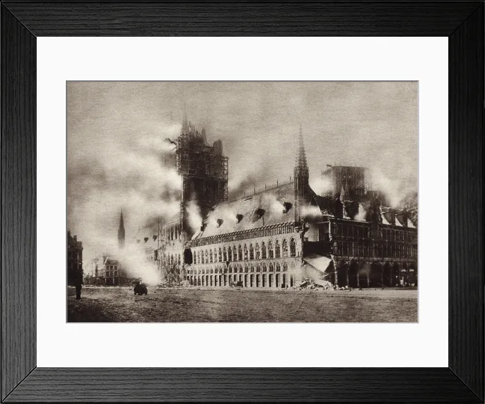 Framed Print : World War 1. The medieval Cloth Hall of Ypres, Belgium, in flames from artillery fired by the Germans during the First Battle of Ypres. November 1914