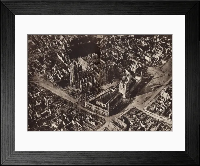 Framed Print : World War 1. Aerial view of the ruins of Ypres, Belgium showing the skeletons of St. Martin's Cathedral and the Cloth Hall
