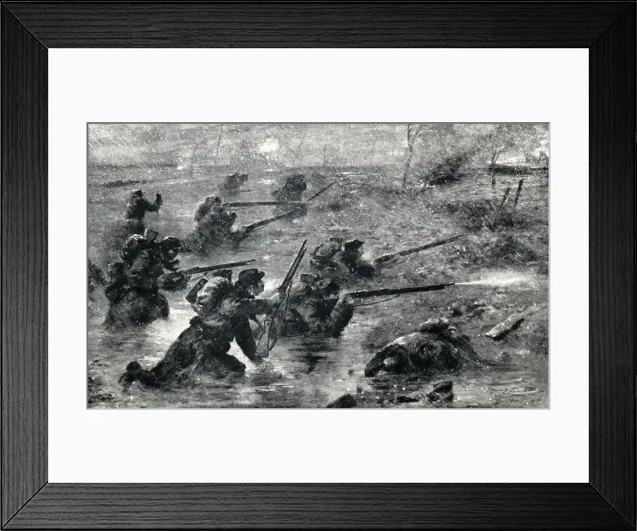 Framed Print : French troops advancing in a snowstorm through the flooded ditches and bare woods of southern Belgium in Nov. 1914 Framed Print : French troops advancing in a snowstorm through the flooded ditches and bare woods of southern Belgium in Nov. 1914