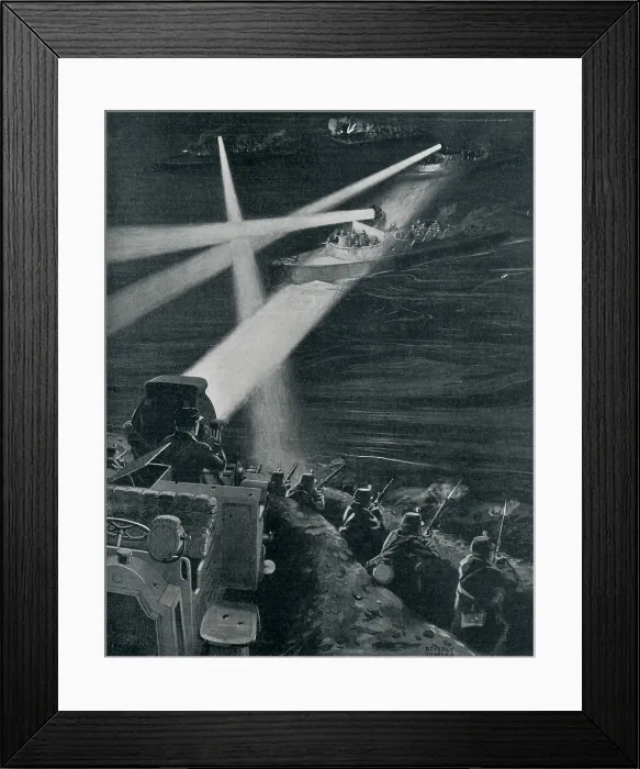 Framed Print : World War 1. Night attack by German Armed motor boats on a flooded section of Flanders. 1914 Framed Print : World War 1. Night attack by German Armed motor boats on a flooded section of Flanders. 1914