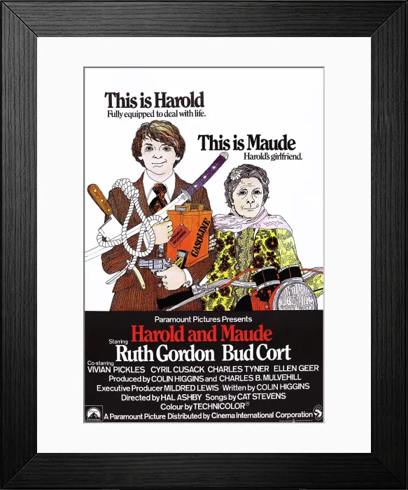 Framed Print : HAROLD AND MAUDE, l-r: Bud Cort, Ruth Gordon on British poster art, 1971 Framed Print : HAROLD AND MAUDE, l-r: Bud Cort, Ruth Gordon on British poster art, 1971