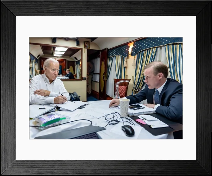 Framed Print : President Joe Biden and National Security Adviser Jake Sullivan prepare for the secret meeting with Ukrainian President Zelenskyy, during the train from Przemsyl