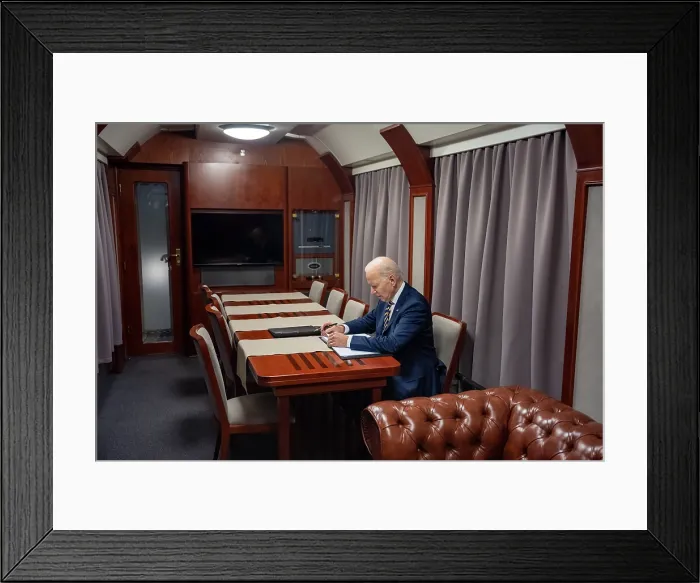 Framed Print : During his 10 hour train ride from Kyiv back to the Polish border, President Joe Biden works on a speech he will deliver in Warsaw Framed Print : During his 10 hour train ride from Kyiv back to the Polish border, President Joe Biden works on a speech he will deliver in Warsaw