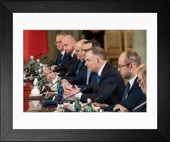 Framed Print : Polish President Andrzej Duda speaks in a meeting with President Biden at the Presidential Palace in Warsaw, Feb. 21, 2023