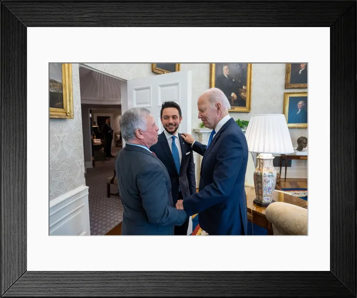 Framed Print : President Joe Biden greets King Abdullah II and Crown Prince Hussein of Jordan before their lunch, Feb. 2, 2023, in the White House Oval Office Framed Print : President Joe Biden greets King Abdullah II and Crown Prince Hussein of Jordan before their lunch, Feb. 2, 2023, in the White House Oval Office