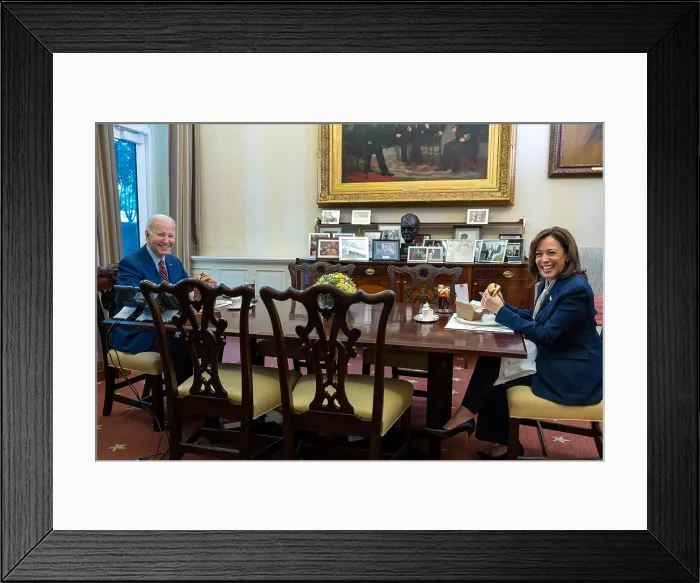 Framed Print : President Joe Biden and Vice President Kamala Harris dine on burgers in the Oval Office Dining Room, Jan. 17, 2023