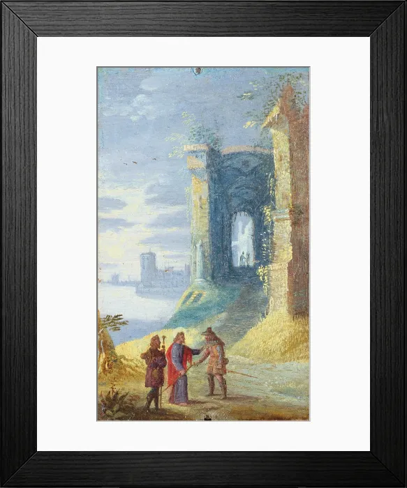 Framed Print : Lake Landscape with Christ Between the two Disciples of Emmaus, by Unknown Flemish artist, 17th century, oil on copper, 8.5 x 4 cm - Italy, Lombardy, Milan, Castello Sforzesco