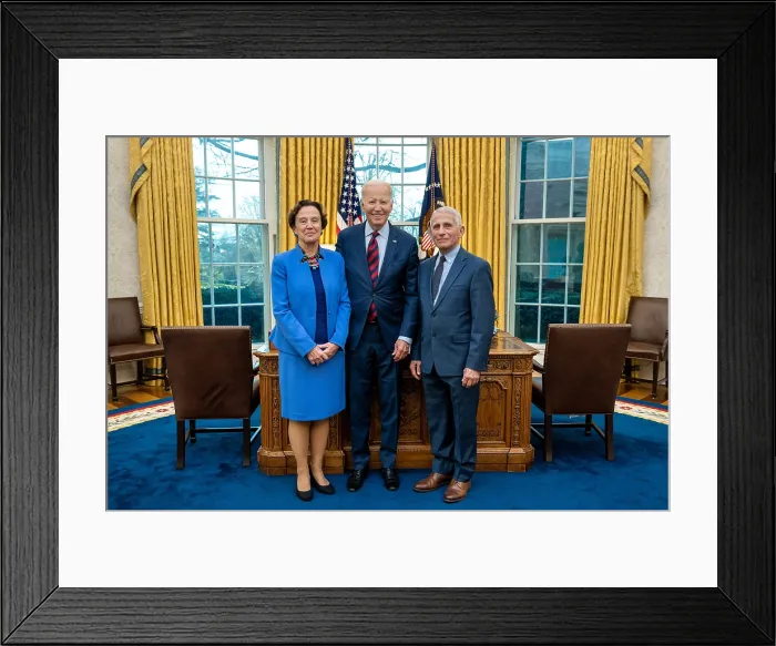 Framed Print : President Joe Biden greets his former Chief Medical Adviser, Dr. Anthony Fauci and his wife Dr. Christine Grady, Jan. 24, 2023, in the Oval Office of the White House. Dr