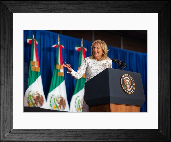 Framed Print : First Lady Jill Biden speaks to the staff of American embassy in Mexico City, Jan. 8, 2023. She shared the speakers podium with Sec