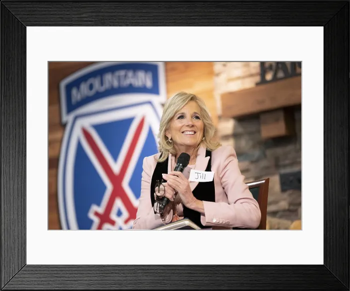Framed Print : First Lady Jill Biden speaks informally with military families about the need for military spouse employment, which is at a high of 22%. Jan. 30, 2023, at Fort Drum, New York