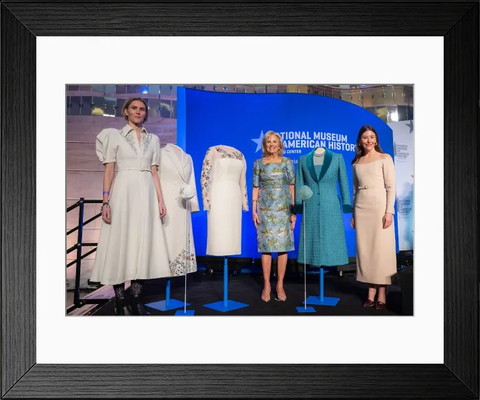 Framed Print : First Lady Jill Biden, joined by designers Gabriela Hearst, left, and Alexandra O'Neill of Markarian, poses with her inaugural ensembles and dresses evening gowns on Jan Framed Print : First Lady Jill Biden, joined by designers Gabriela Hearst, left, and Alexandra O'Neill of Markarian, poses with her inaugural ensembles and dresses evening gowns on Jan