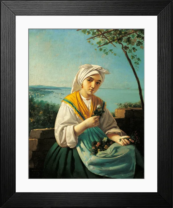 Framed Print : Flower Seller Girl in a Costume, by Vincent Poiret, 1862, 19th Century, oil on canvas, 58 x 45 cm - Italy, Lombardy, Milan, Castello Sforzesco, Civic Collections of Ancient Art Framed Print : Flower Seller Girl in a Costume, by Vincent Poiret, 1862, 19th Century, oil on canvas, 58 x 45 cm - Italy, Lombardy, Milan, Castello Sforzesco, Civic Collections of Ancient Art