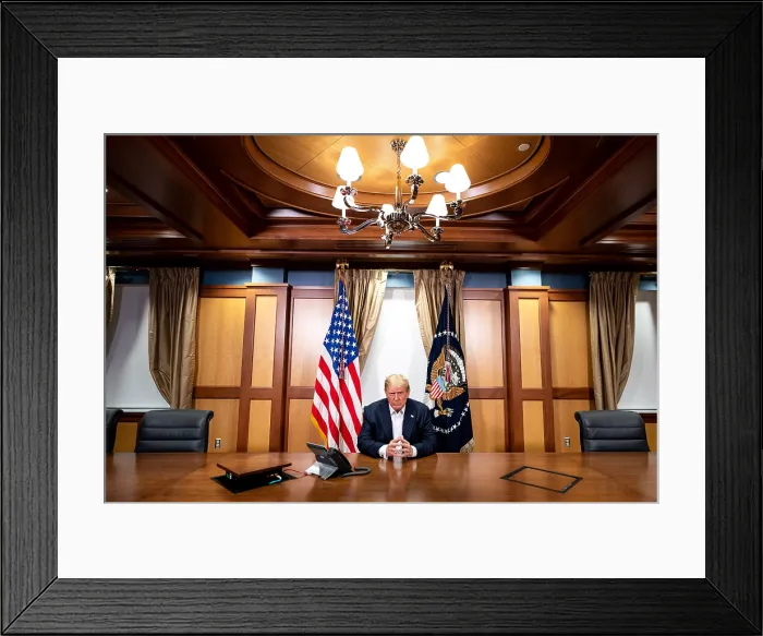 Framed Print : President Donald Trump in teleconference call with VP Mike Pence, Defense Secretary Mark Esper, Sec. of State Mike Pompeo, Joint Chiefs Gen