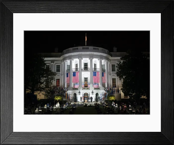 Framed Print : The White House South Portico is decorated with American and US State flags for the swearing-in ceremony for Amy Coney Barrett as Associate Justice of the Supreme Court Framed Print : The White House South Portico is decorated with American and US State flags for the swearing-in ceremony for Amy Coney Barrett as Associate Justice of the Supreme Court