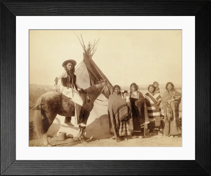 Framed Print : Lakota women, three with babies infants in cradleboards, and a Lakota man on horseback. Photo taken on Pine Ridge Reservation after the Wounded Knee Massacre