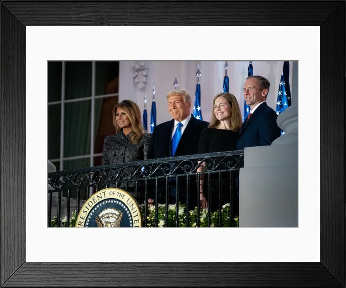 Framed Print : President Donald Trump, First Lady Melania Trump, Associate Justice Amy Coney Barrett, and Jesse Barrett, on the South Portico after Justice Barretts swearing in ceremony, Oct Framed Print : President Donald Trump, First Lady Melania Trump, Associate Justice Amy Coney Barrett, and Jesse Barrett, on the South Portico after Justice Barretts swearing in ceremony, Oct