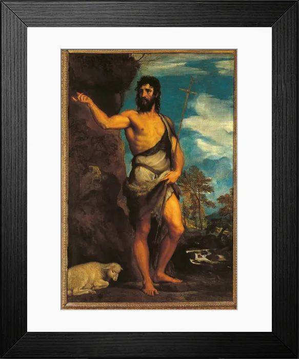 Framed Print : St John the Baptist, by Tiziano Vecellio known as Titian, 1539 - 1540 about, 16th Century, oil on canvas, cm 201 x 134 - Italy, Veneto, Venice, Accademia Art Galleries. All Framed Print : St John the Baptist, by Tiziano Vecellio known as Titian, 1539 - 1540 about, 16th Century, oil on canvas, cm 201 x 134 - Italy, Veneto, Venice, Accademia Art Galleries. All