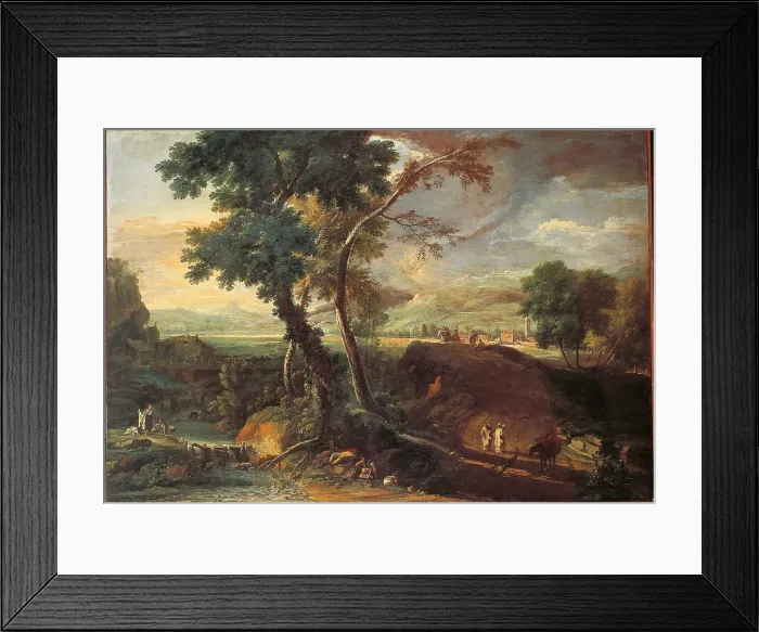 Framed Print : Landscape with a Torrent and Monks, by Marco Ricci, 1715 about, 18th Century, canvas, cm 136 x 198 - Italy, Veneto, Venice, Accademia Art Galleries. All Framed Print : Landscape with a Torrent and Monks, by Marco Ricci, 1715 about, 18th Century, canvas, cm 136 x 198 - Italy, Veneto, Venice, Accademia Art Galleries. All