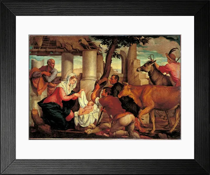 Framed Print : Adoration of the Shepherds, by Jacopo Da Ponte known as Bassano, 1545 about, 16th Century, oil on canvas, cm 95 x 140 - Italy, Veneto, Venice, Accademia Art Galleries. All