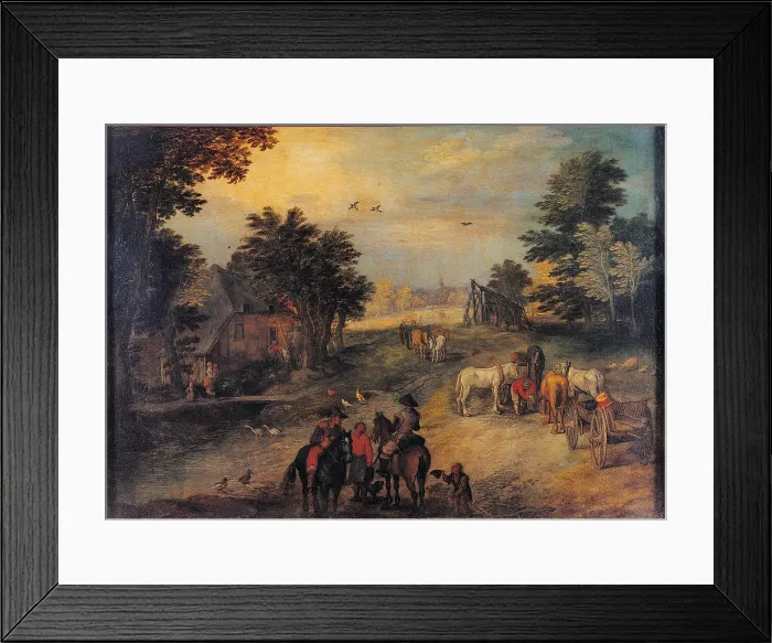 Framed Print : Landscape with Riders and Wagons, by Jan the Younger Bruegel, 17th Century, oil on copper, cm 18 x 25 - Italy, Lombardy, Milan, Brera art gallery. All Framed Print : Landscape with Riders and Wagons, by Jan the Younger Bruegel, 17th Century, oil on copper, cm 18 x 25 - Italy, Lombardy, Milan, Brera art gallery. All