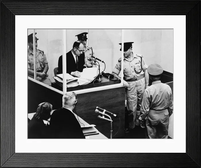 Framed Print : Adolf Eichmann testifying at his war crimes trial in Jerusalem. Eichmann is questioned by his lawyer, Robert Servatius (lower left) Framed Print : Adolf Eichmann testifying at his war crimes trial in Jerusalem. Eichmann is questioned by his lawyer, Robert Servatius (lower left)