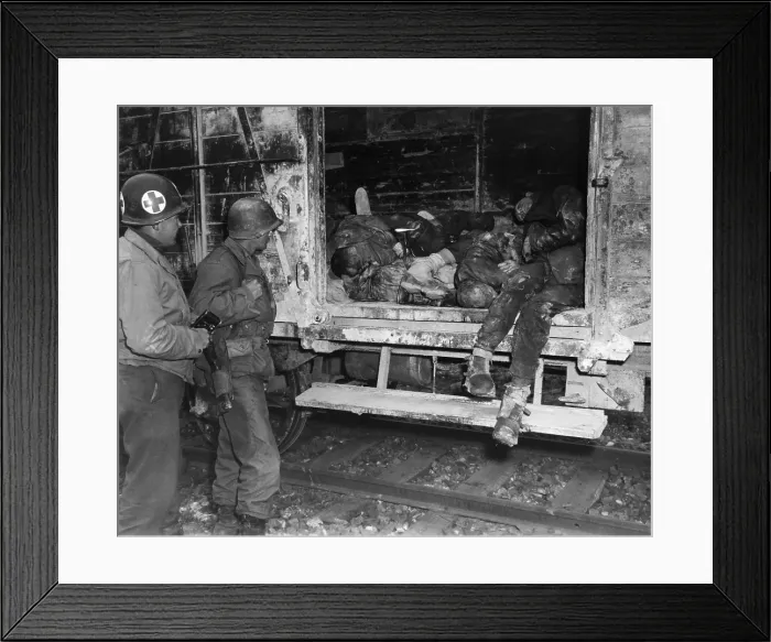 Framed Print : Two U.S. soldiers looking at dead prisoners on railroad car at an unidentified concentration camp Framed Print : Two U.S. soldiers looking at dead prisoners on railroad car at an unidentified concentration camp