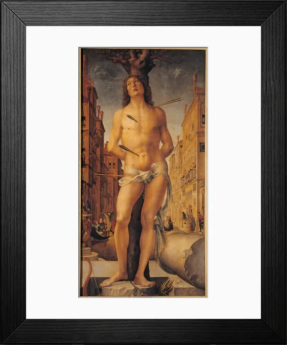 Framed Print : St Sebastian, by Liberale da Verona, 1516, 16th Century, oil on panel, - Italy, Lombardy, Milan, Brera art gallery. All. St Sebastian arrow house palace tree column bow Framed Print : St Sebastian, by Liberale da Verona, 1516, 16th Century, oil on panel, - Italy, Lombardy, Milan, Brera art gallery. All. St Sebastian arrow house palace tree column bow