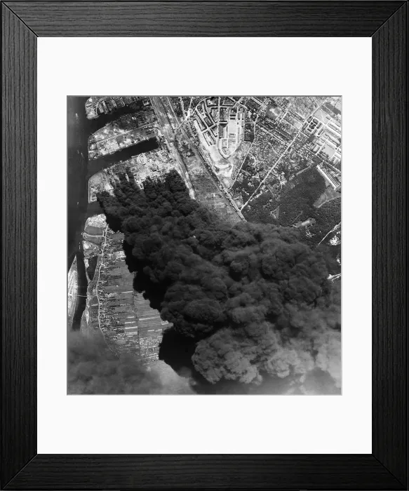 Framed Print : Aerial view of three oil refineries in Hamburg after bombing by U.S. 8th. Air Force. World War 2, June 20, 1944. (BSLOC_2014_6_12)
