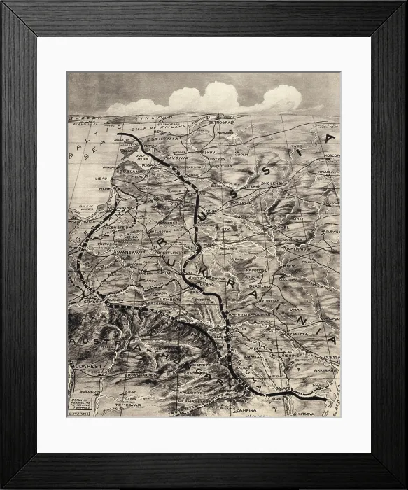 Framed Print : World War 1. Map of operations on the Eastern Front from 1914-1918. Left line marks the furthest advance west of the Russian Armies Framed Print : World War 1. Map of operations on the Eastern Front from 1914-1918. Left line marks the furthest advance west of the Russian Armies