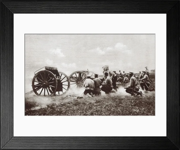 Framed Print : World War 1. The fire of a Russian field battery directed by officers kneeling in the rear of their squads