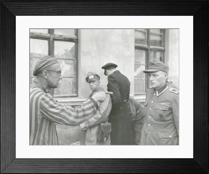 Framed Print : Russian slave laborer points out Nazi guard who brutally beat prisoners. The U.S. Army 3rd Armored Division liberated Buchenwald concentration Camp