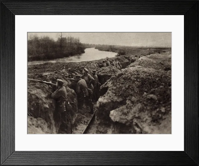 Framed Print : World War 1. German troops holding a first-line trench on the river bank