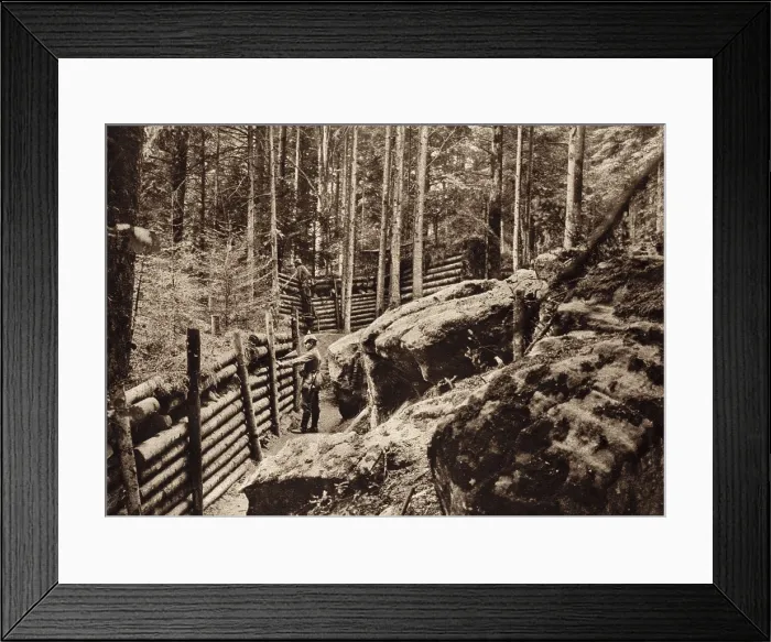 Framed Print : World War 1. A German trenches in the Vosages Mountains. They incorporated boulders and logs in their defensive structures. Ca. 1914-18 Framed Print : World War 1. A German trenches in the Vosages Mountains. They incorporated boulders and logs in their defensive structures. Ca. 1914-18