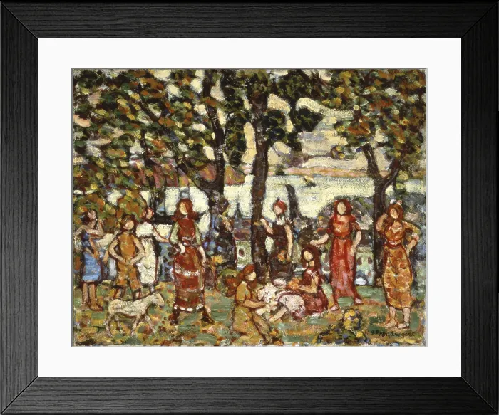 Framed Print : Autumn, by Maurice Brazil Prendergast, 1910 - 1912, 19th century, oil on canvas - Spain, Madrid, Thyssen-Bornemisza Museum. Whole artwork view. People in a wood