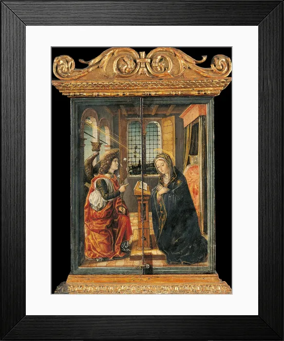 Framed Print : Small altar with painted doors, by Vincenzo Civerchio, 1510, 16th century, carved and gilded wood, tempera on board - Italy, Lombardy, Bergamo, Carrara Academy