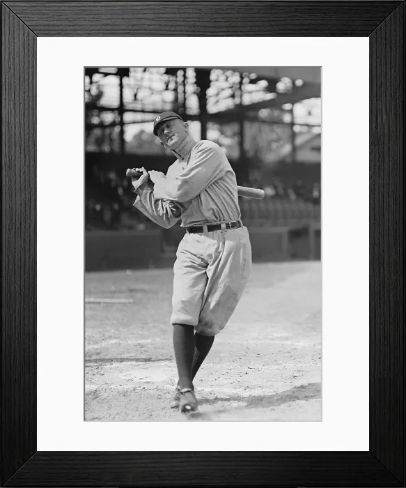 Framed Print : Ty Cobb in a 1913 batting photo taken in Washington, DC. His nickname, The Georgia Peach belied his mercurial temperament (BSLOC_2018_3_145)