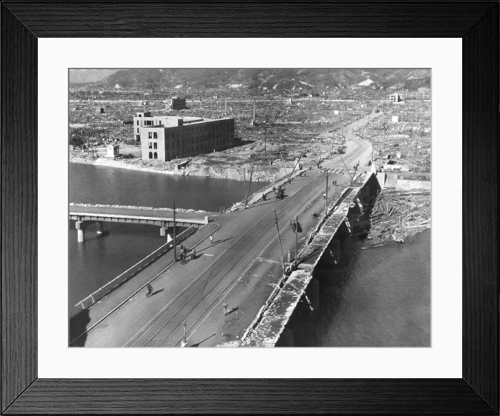 Framed Print : Hiroshima about a month after the Atomic Bombing of August 6, 1945. View from roof of Chamber of Commerce building. Some people walk amid the ruins. Ca. Sept.-Oct. 1945