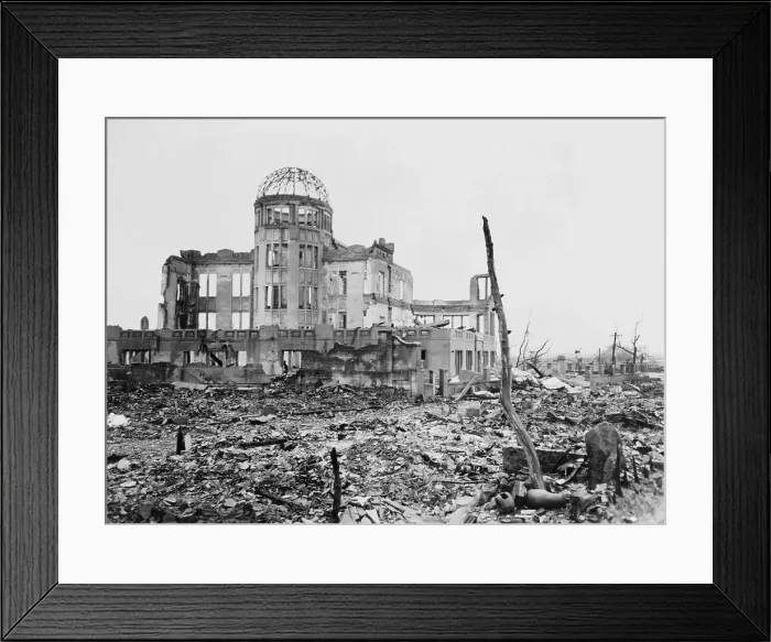 Framed Print : Wrecked framework of the Museum of Science and Industry in Hiroshima, Japan. This is how it appeared shortly after the dropping of the first atomic bomb, on August 6, 1945