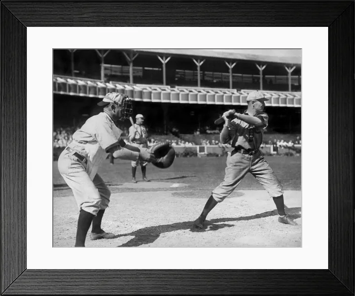 Framed Print : Frank Chance of Chicago Cub batting, with catcher and team mate, Pat Moran, behind him, 1909 (BSLOC_2018_3_129) Framed Print : Frank Chance of Chicago Cub batting, with catcher and team mate, Pat Moran, behind him, 1909 (BSLOC_2018_3_129)