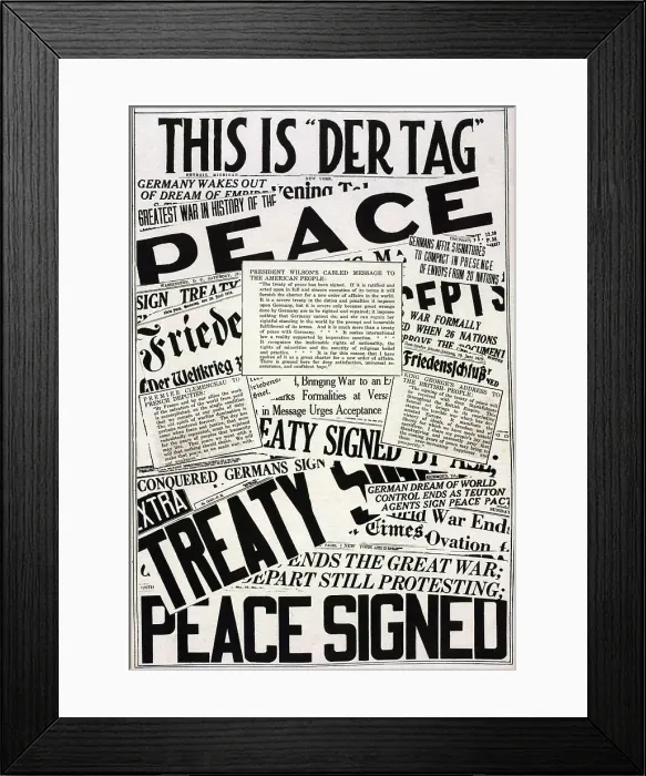 Framed Print : World War 1. The collage of Newspaper headlines and articles announcing the signing of the Versailles Peace Treaty Framed Print : World War 1. The collage of Newspaper headlines and articles announcing the signing of the Versailles Peace Treaty