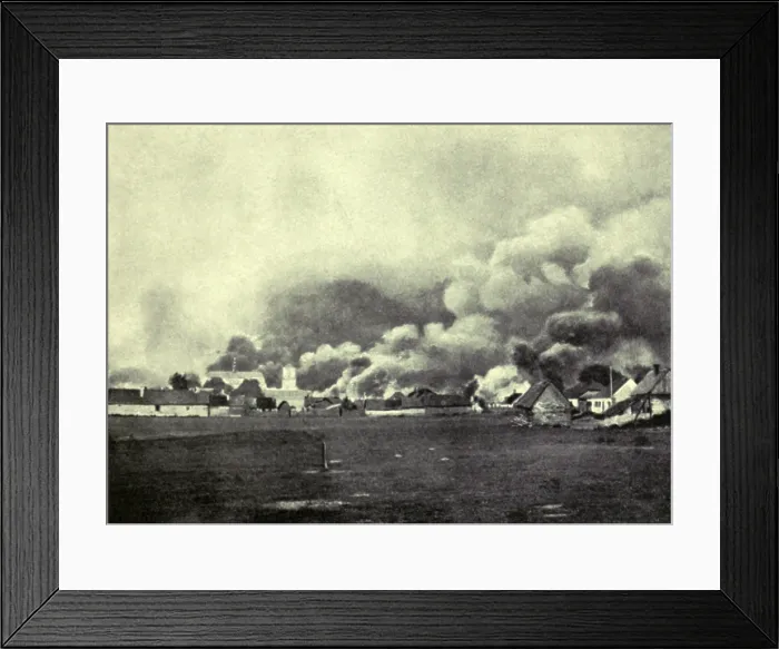 Framed Print : World War 1. Russian village on the Eastern front burning. German invaders fired many towns on the Eastern front. Ca. 1914-15