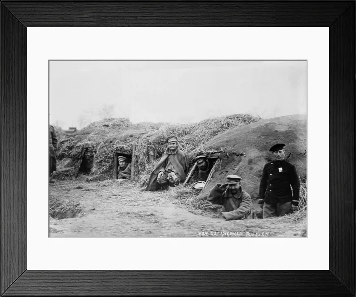 Framed Print : World War 1. Russian prisoners of war at Stettin, Prussia, in their dug out shelters. An estimated 90% of Russian POW's survived the war and were repatriated