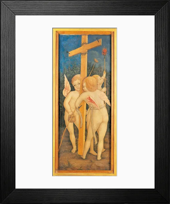 Framed Print : Angels with the Instruments of the Passion, Master of 1458, 1458, 15th century, tempera on board, 53 x 21 cm - Italy, Lombardy, Bergamo, Carrara Academy. Whole artwork view