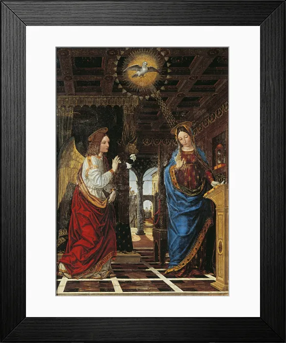Framed Print : Annunciation, by Ambrogio da Fossano also known as Bergognone, 1498 - 1501, 16th Century, board - Italy, Lombardy, Lodi, Santuario dell'Immacolata. Whole artwork view