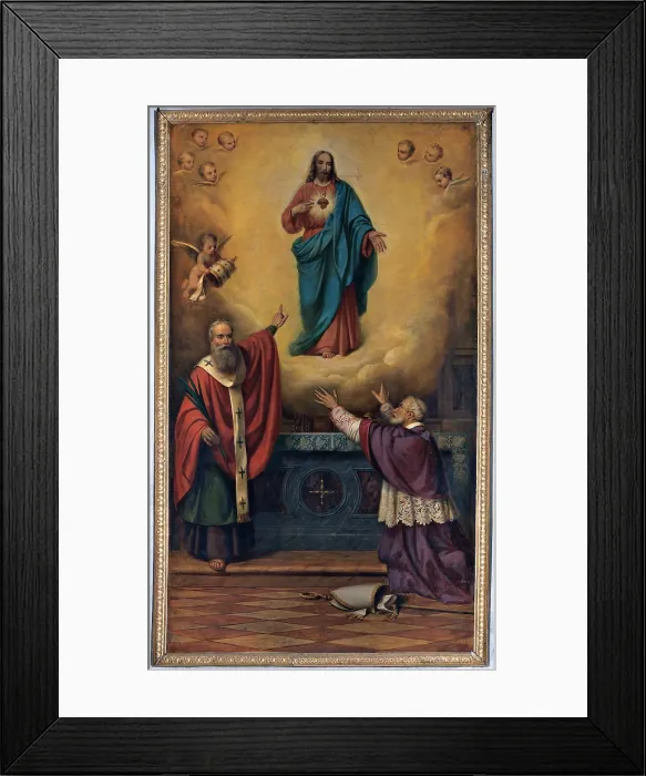 Framed Print : Dusi Bartolomeo, Sacred Heart of Jesus with St Marcel and Blessed Juvenal Ancina, 1892, 19th Century, canvas, Italy, Veneto, Vicenza, San Filippo Neri Church