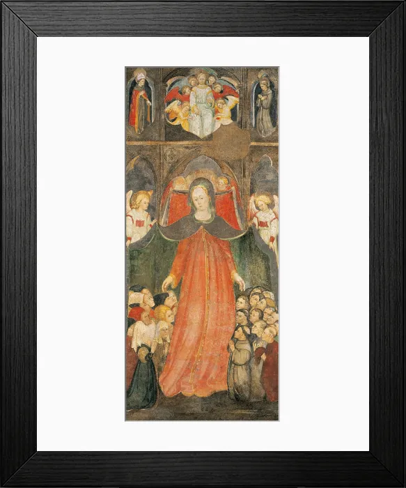 Framed Print : Virgin of Mercy with offerers and angels, Christ enthroned among angels, saint bishop and Saint Francis, by Bonifacio Bembo, 15th century, detached fresco - Italy, Lombardy Framed Print : Virgin of Mercy with offerers and angels, Christ enthroned among angels, saint bishop and Saint Francis, by Bonifacio Bembo, 15th century, detached fresco - Italy, Lombardy