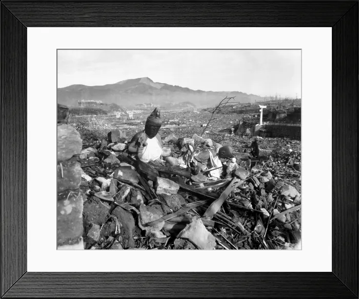 Framed Print : Ruins of Nagasaki, Japan, after atomic bombing of August 9, 1945. Battered religious figures are amid the rubble. Sept. 24, 1945. (BSLOC_2014_6_99)